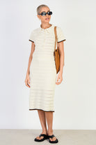 Beige textured knit button front tee_4