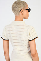 Beige textured knit button front tee_2