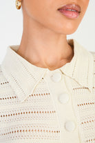 Beige textured knit button front tee_3
