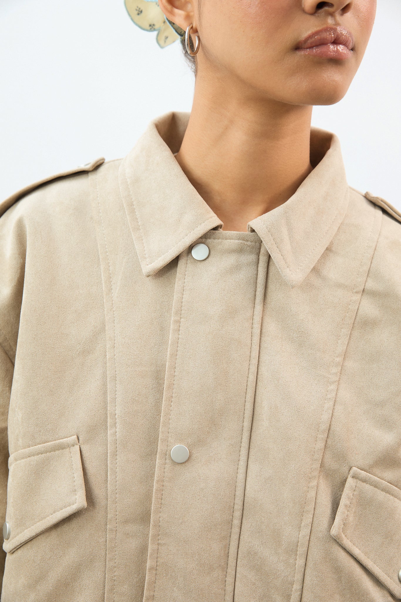 Beige vegan suede collared bomber jacket_2