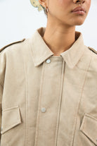 Beige vegan suede collared bomber jacket_2