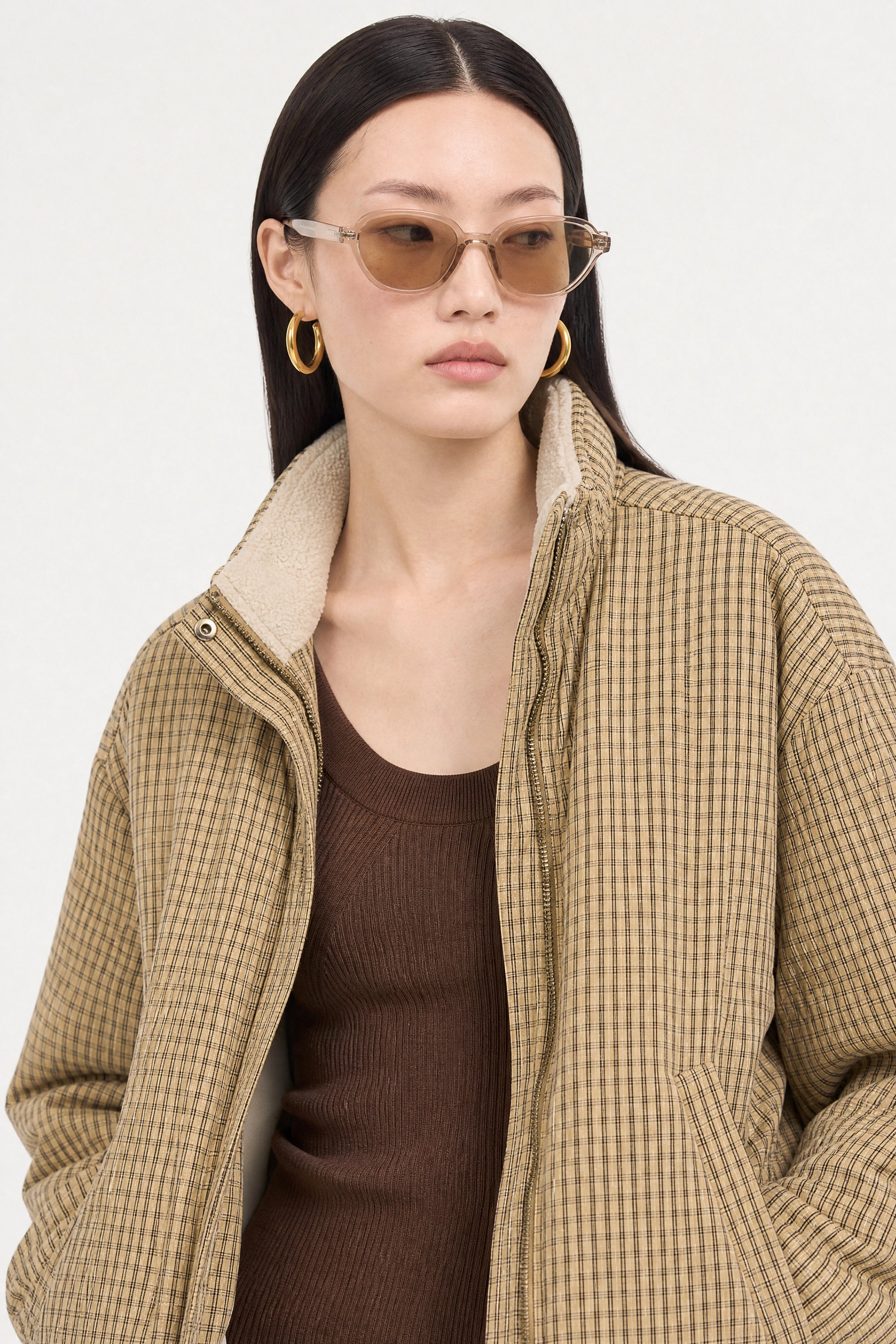 Beige checked reversible teddy fleece jacket_5