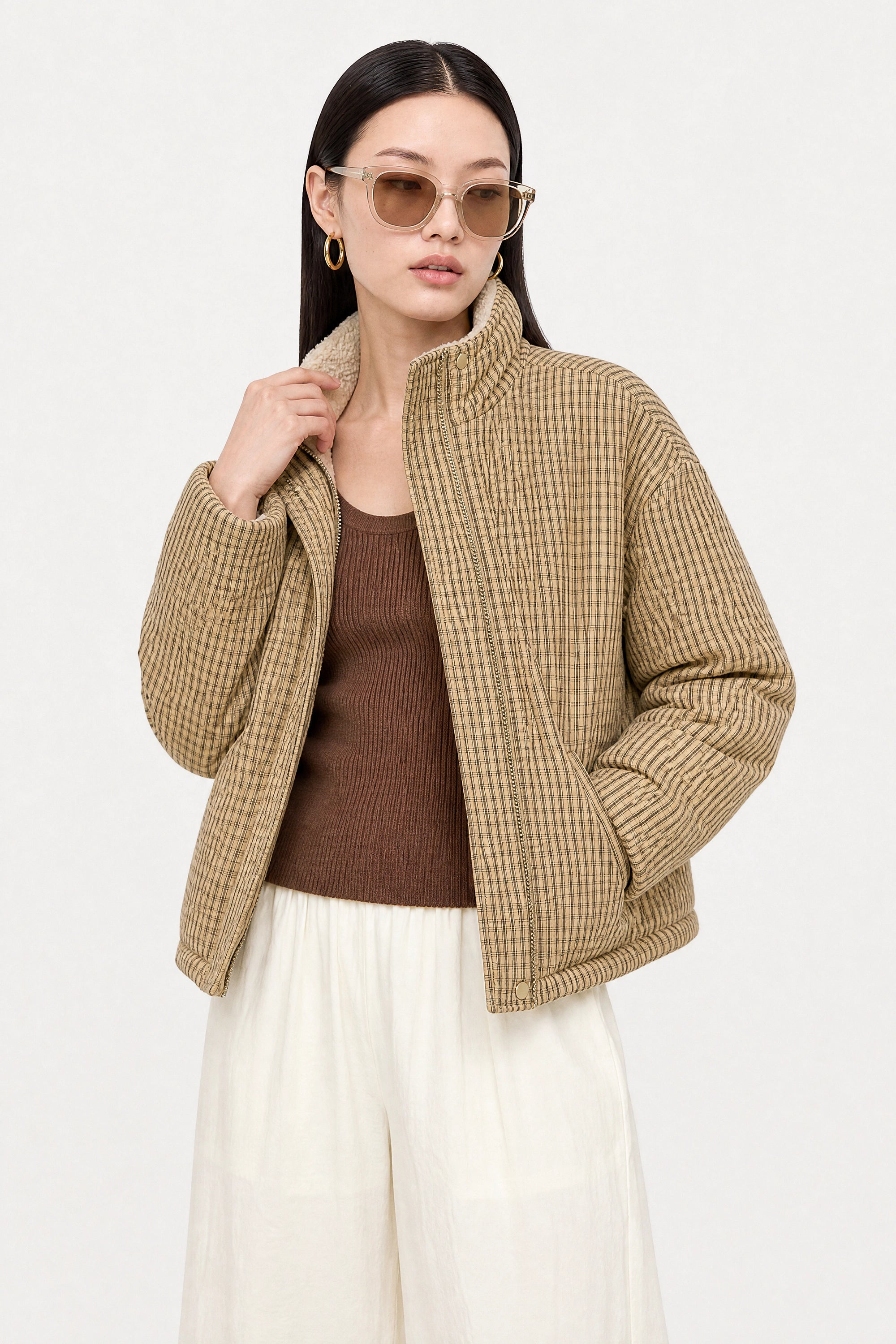 Beige checked reversible teddy fleece jacket_3