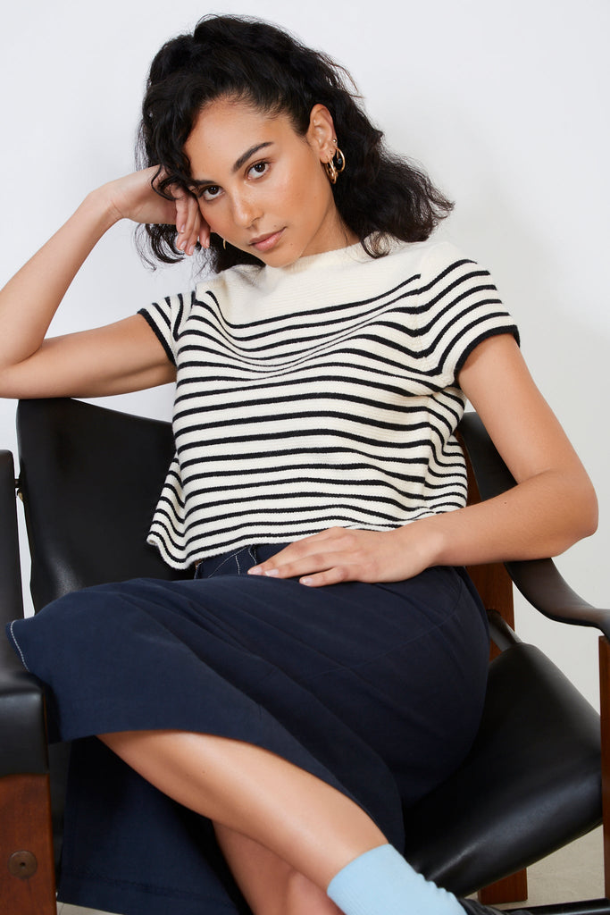 Beige and black striped knit tee_1