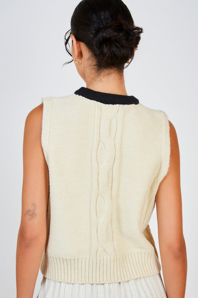 Beige and black trim cableknit sweater vest_2