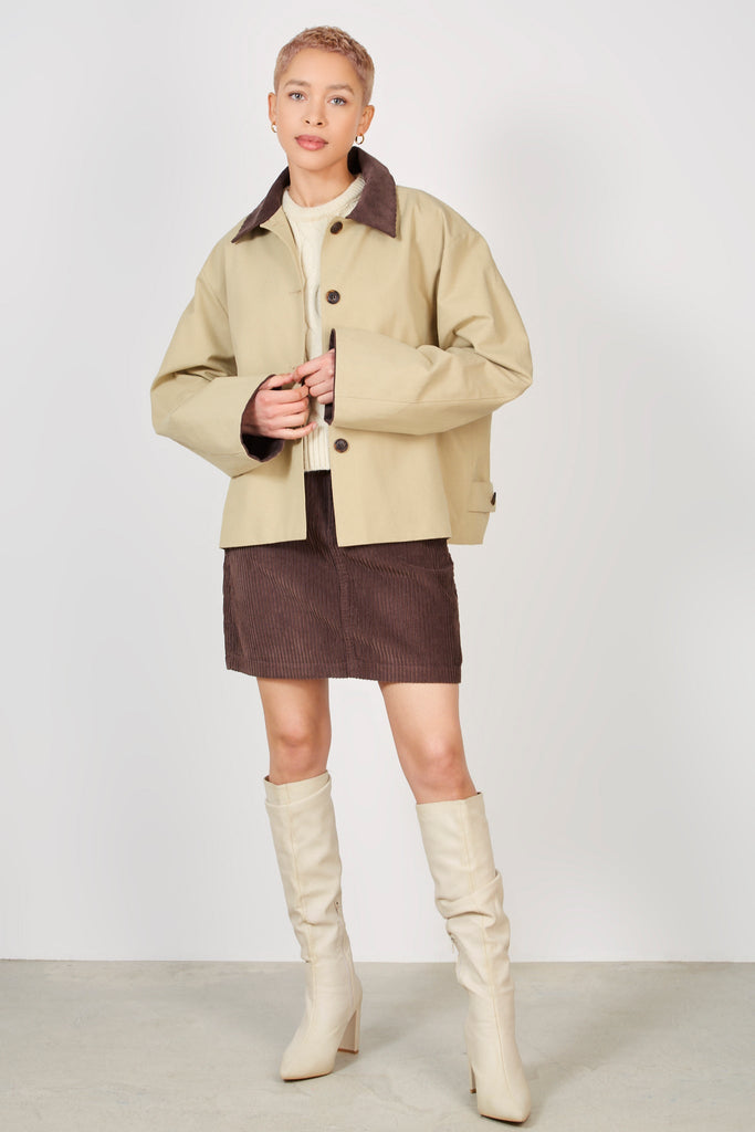 Beige and brown corduroy collar jacket_4