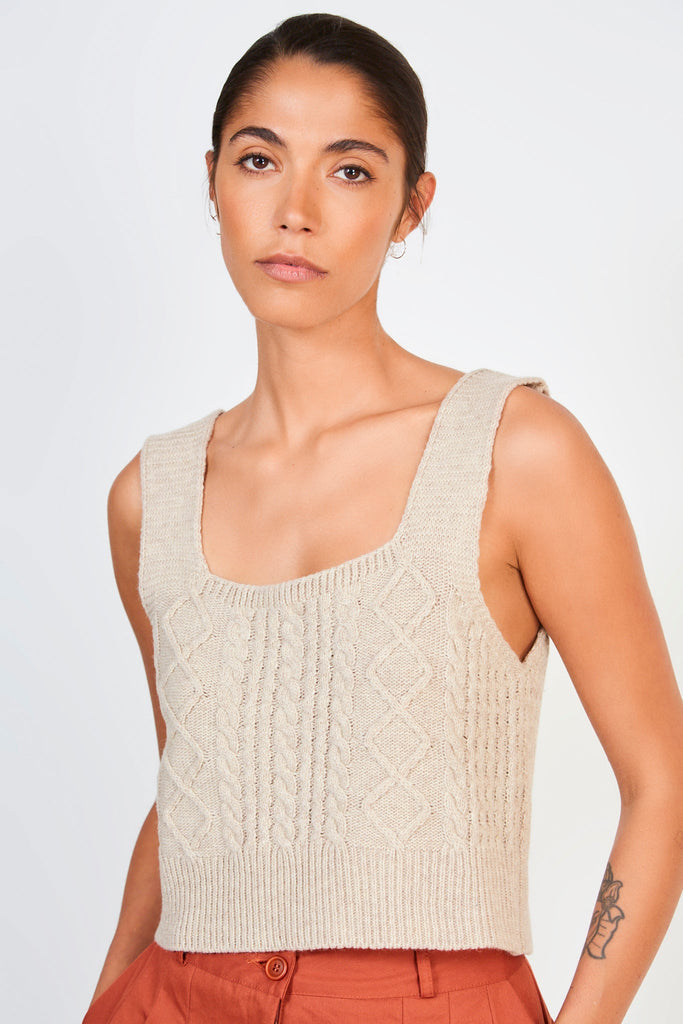 Beige cableknit thick strap tank_1