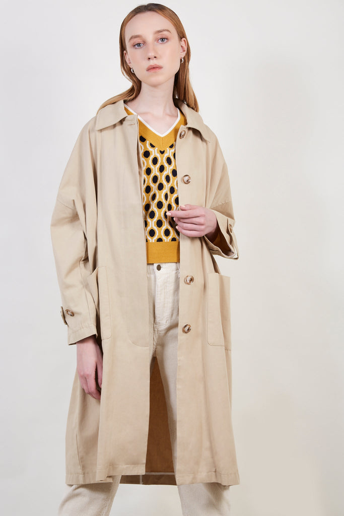 Beige concealed back button trench coat_7