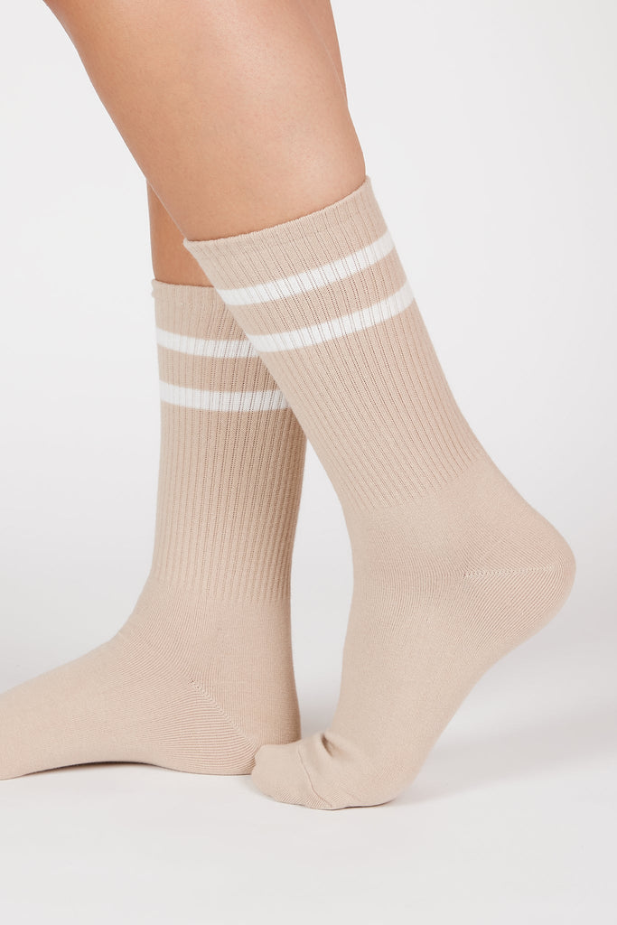 Beige double varsity stripe socks_1