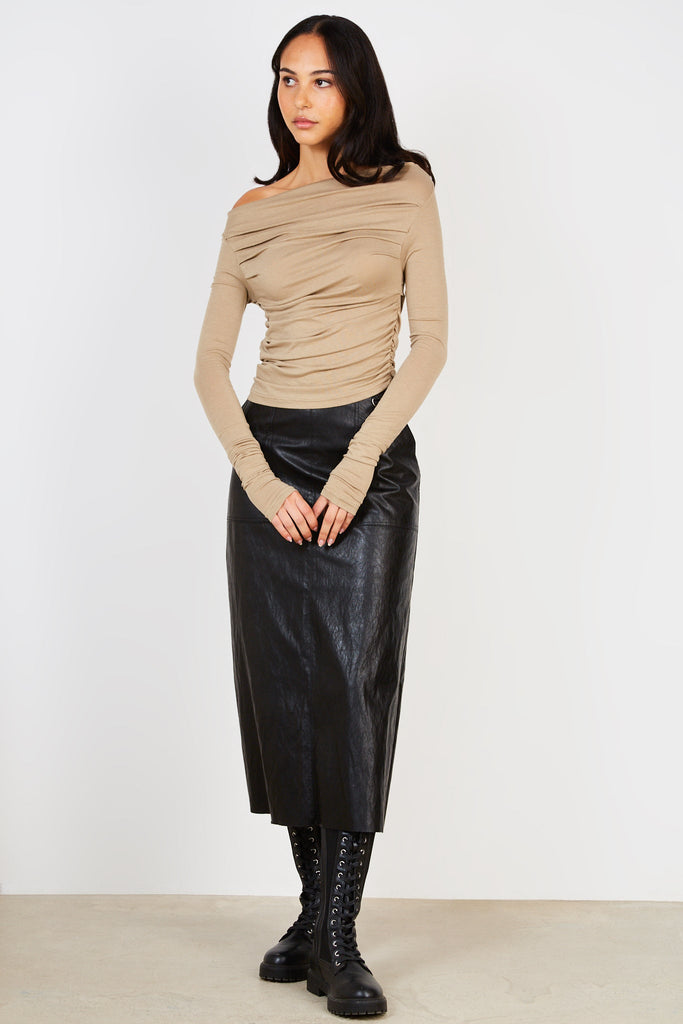 Beige draped front jersey top_4