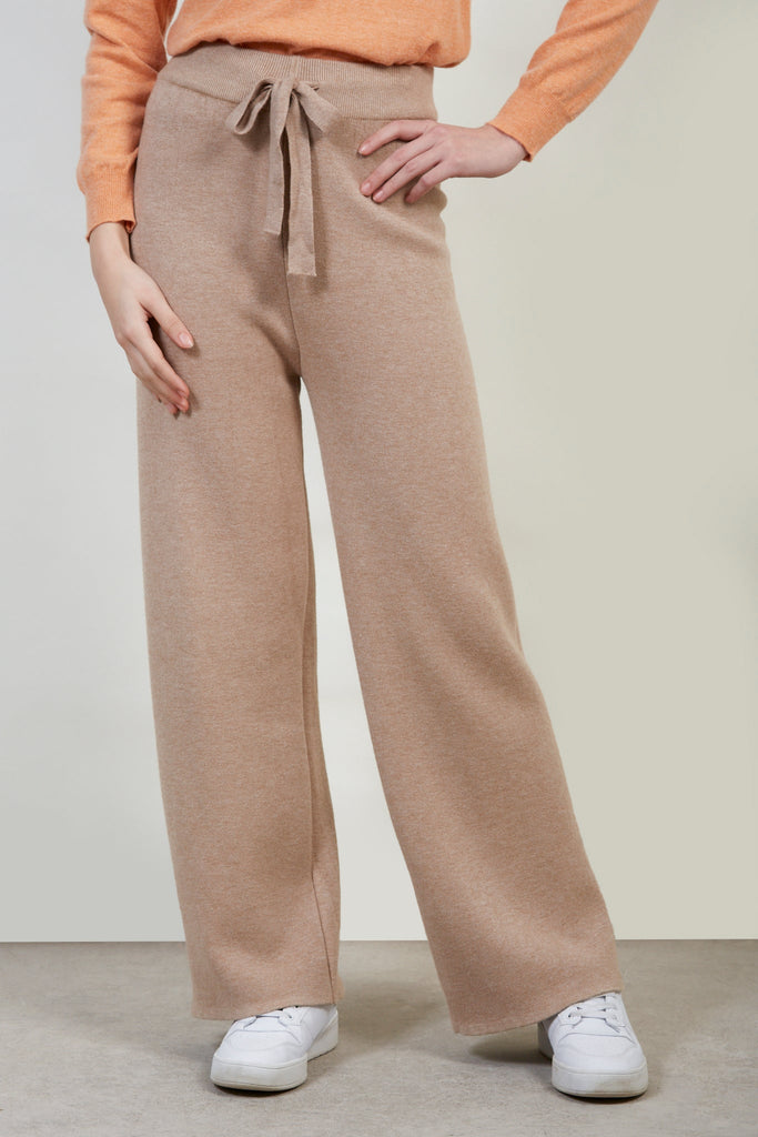 Beige fuzzy lined thick knit trousers_1