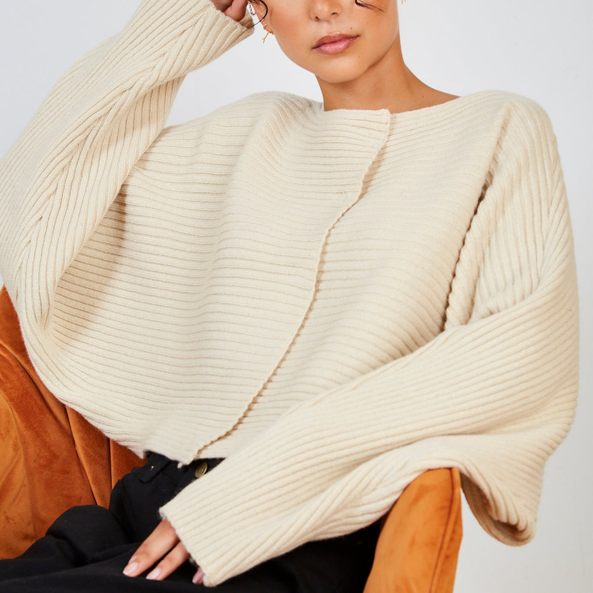 Beige horizontal rib wool blend jumper | Glassworks London