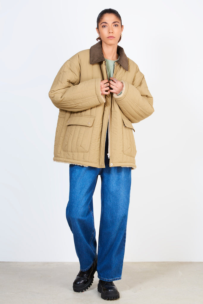 Beige lined quilted corduroy collar coat_4