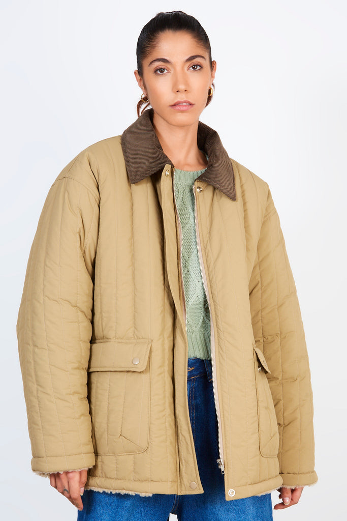 Beige lined quilted corduroy collar coat_3
