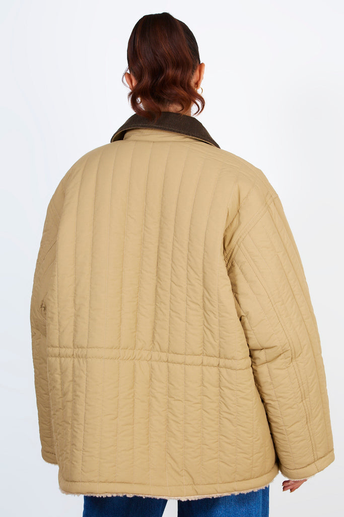Beige lined quilted corduroy collar coat_2