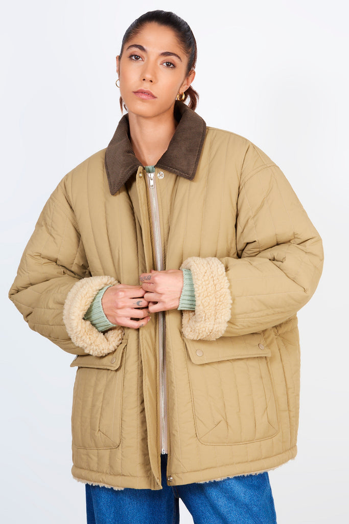 Beige lined quilted corduroy collar coat_1