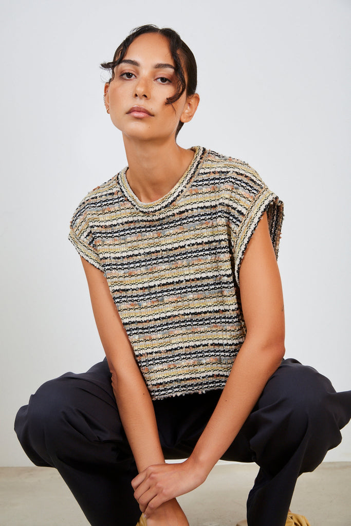 Beige multicolour striped knit vest_1