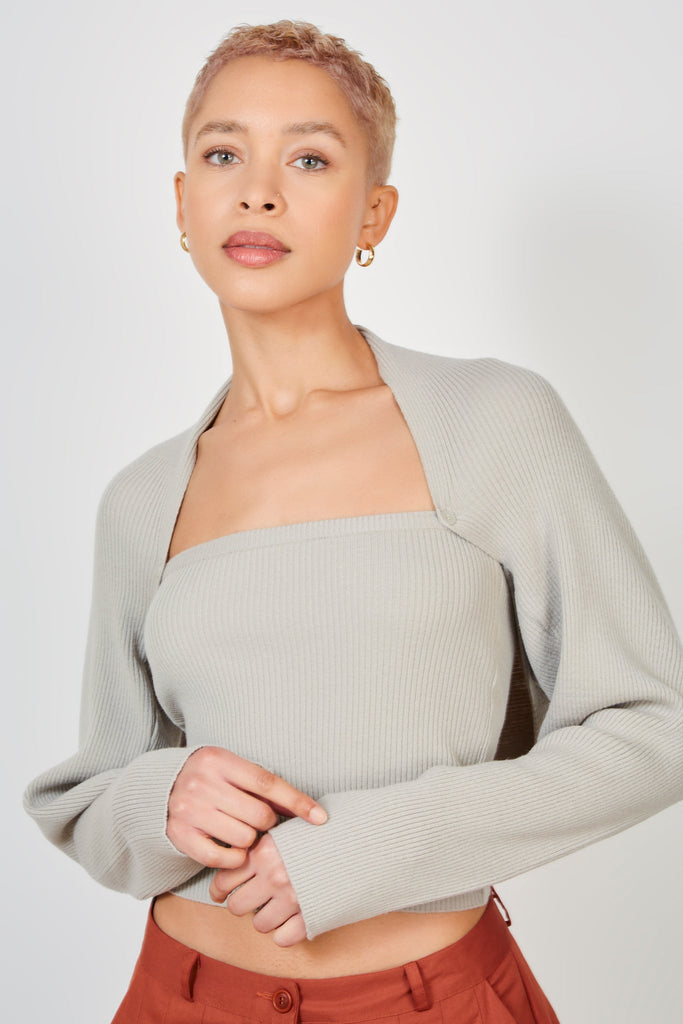 Beige ribbed knit double button draped jumper_2