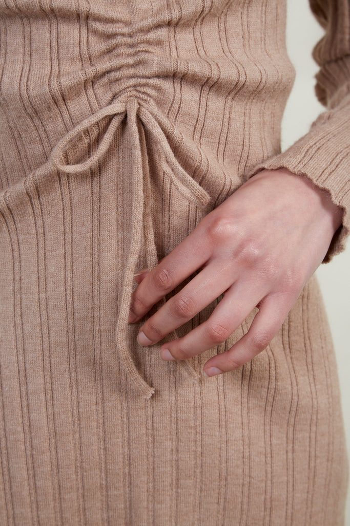 Beige ribbed pull front knit mini dress_3