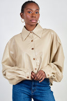 Beige vegan leather cropped shirt_1