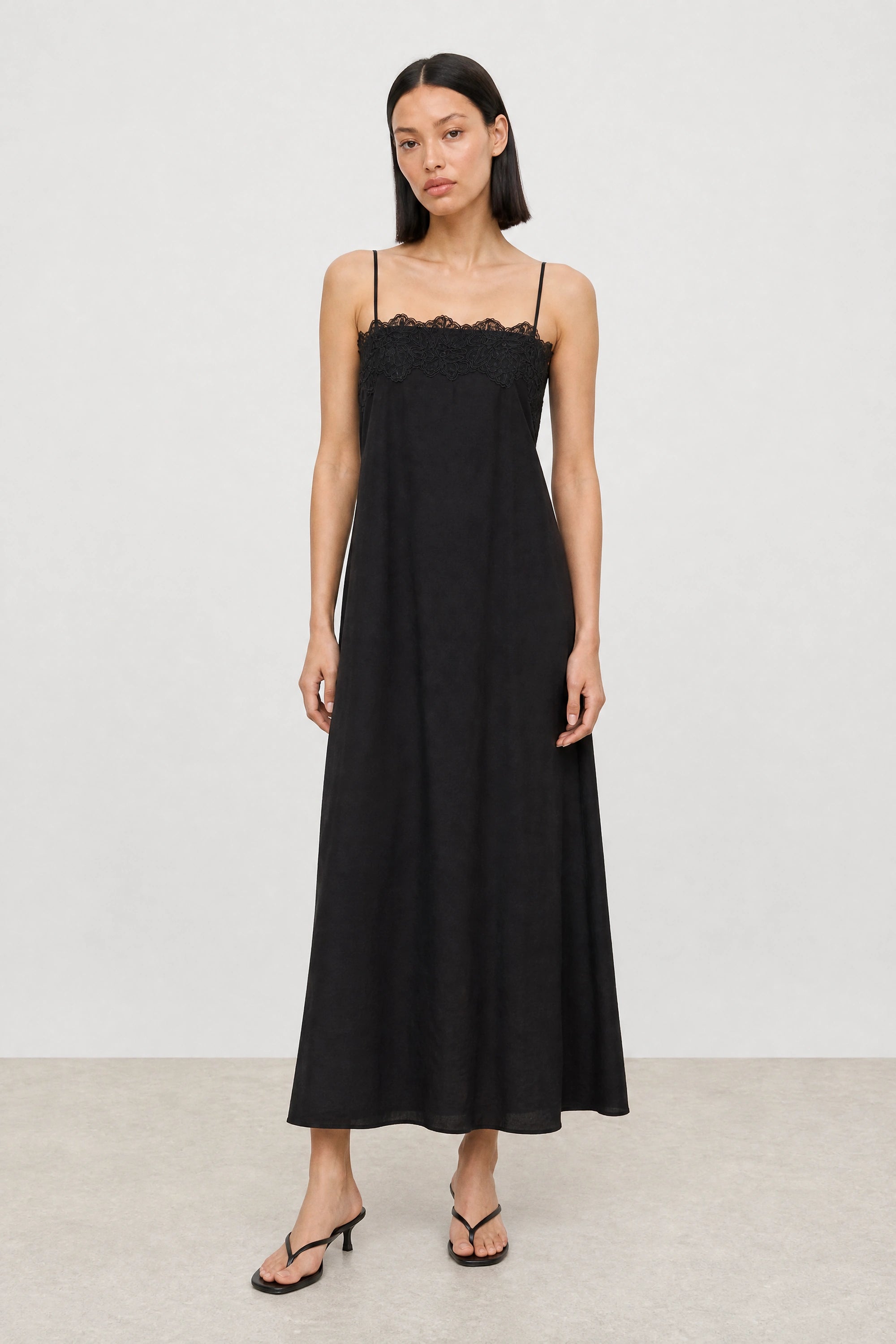 Black and black lace hidden pocket maxi dress_1