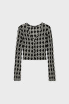 Black and grey diamond pattern button up top_1