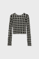 Black and grey diamond pattern button up top_2
