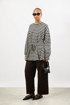 Black and ivory stripe drawstring waist long sleeve top_4