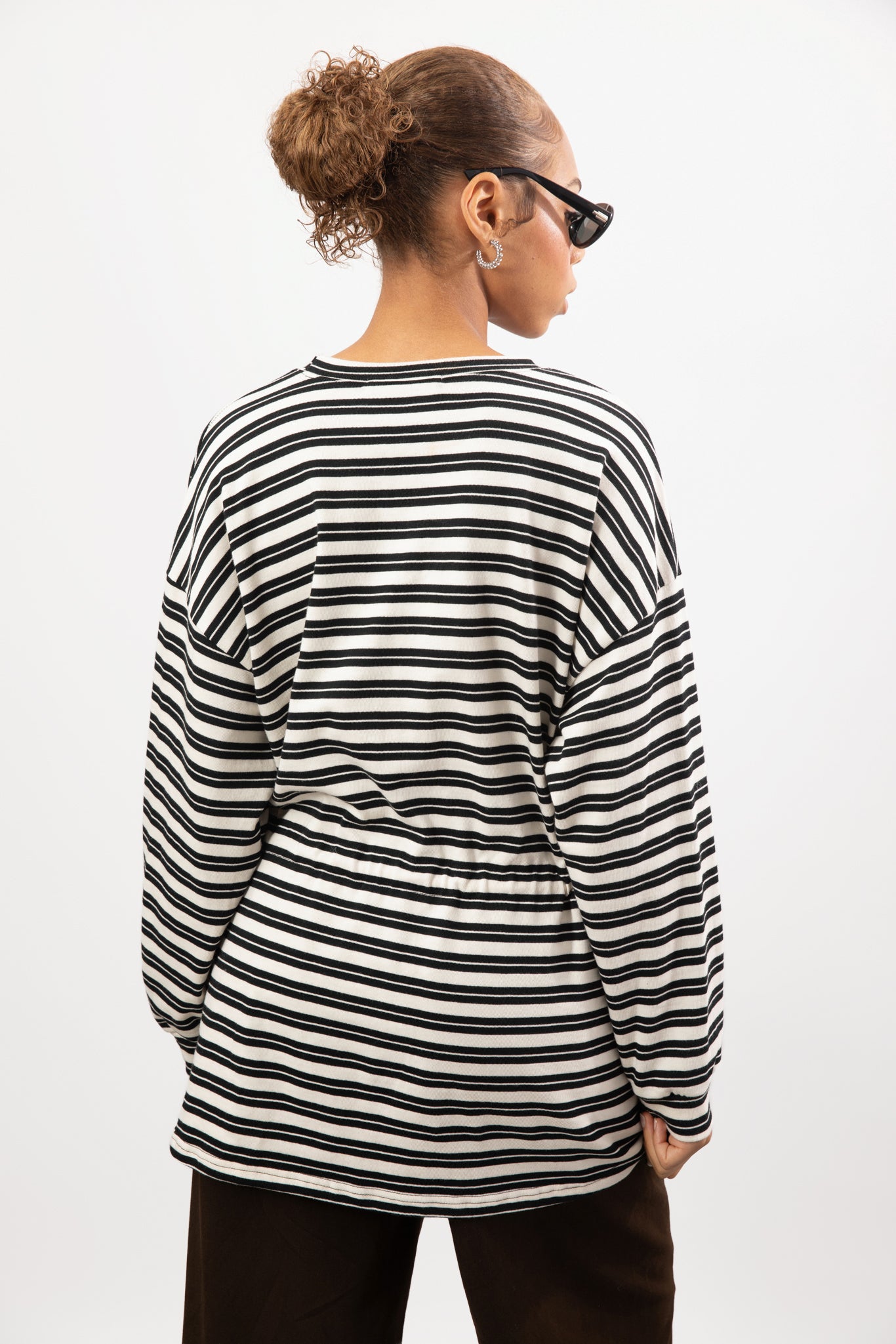 Black and ivory stripe drawstring waist long sleeve top_2