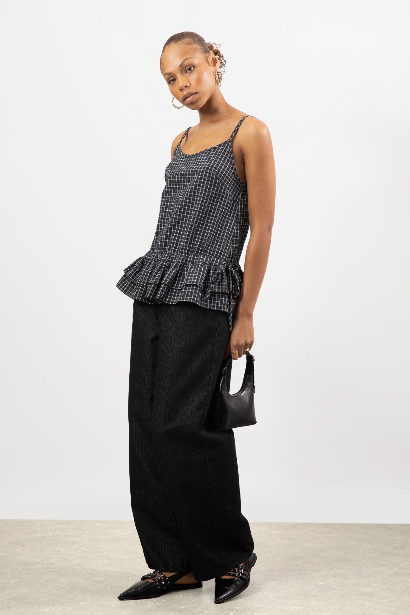 Black and white checked double layer peplum tank | Glassworks London