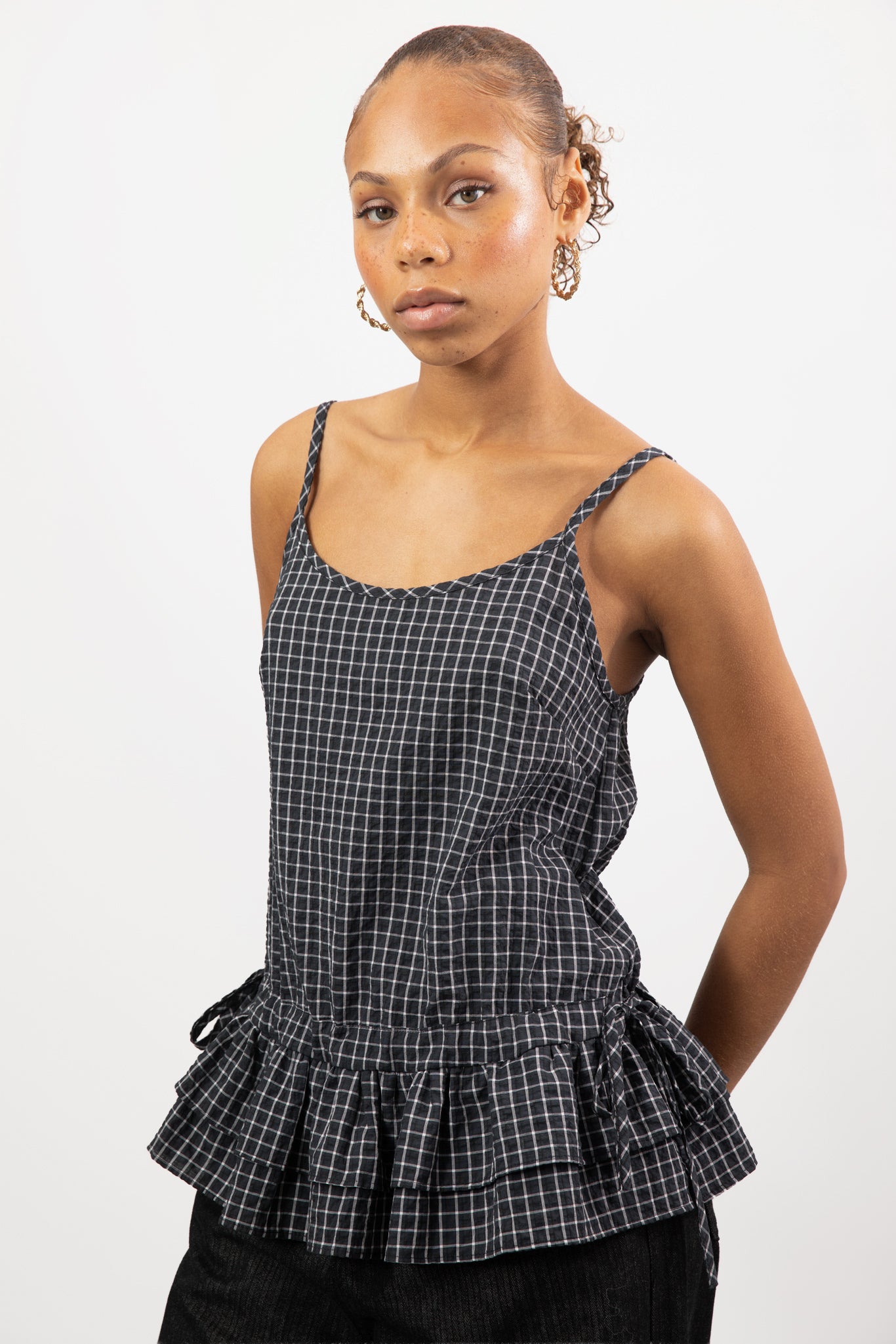 Black and white checked double layer peplum tank_1