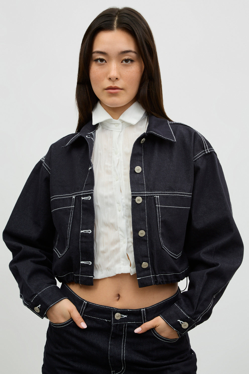 Black and white contrast stitch cropped denim jacket Glassworks