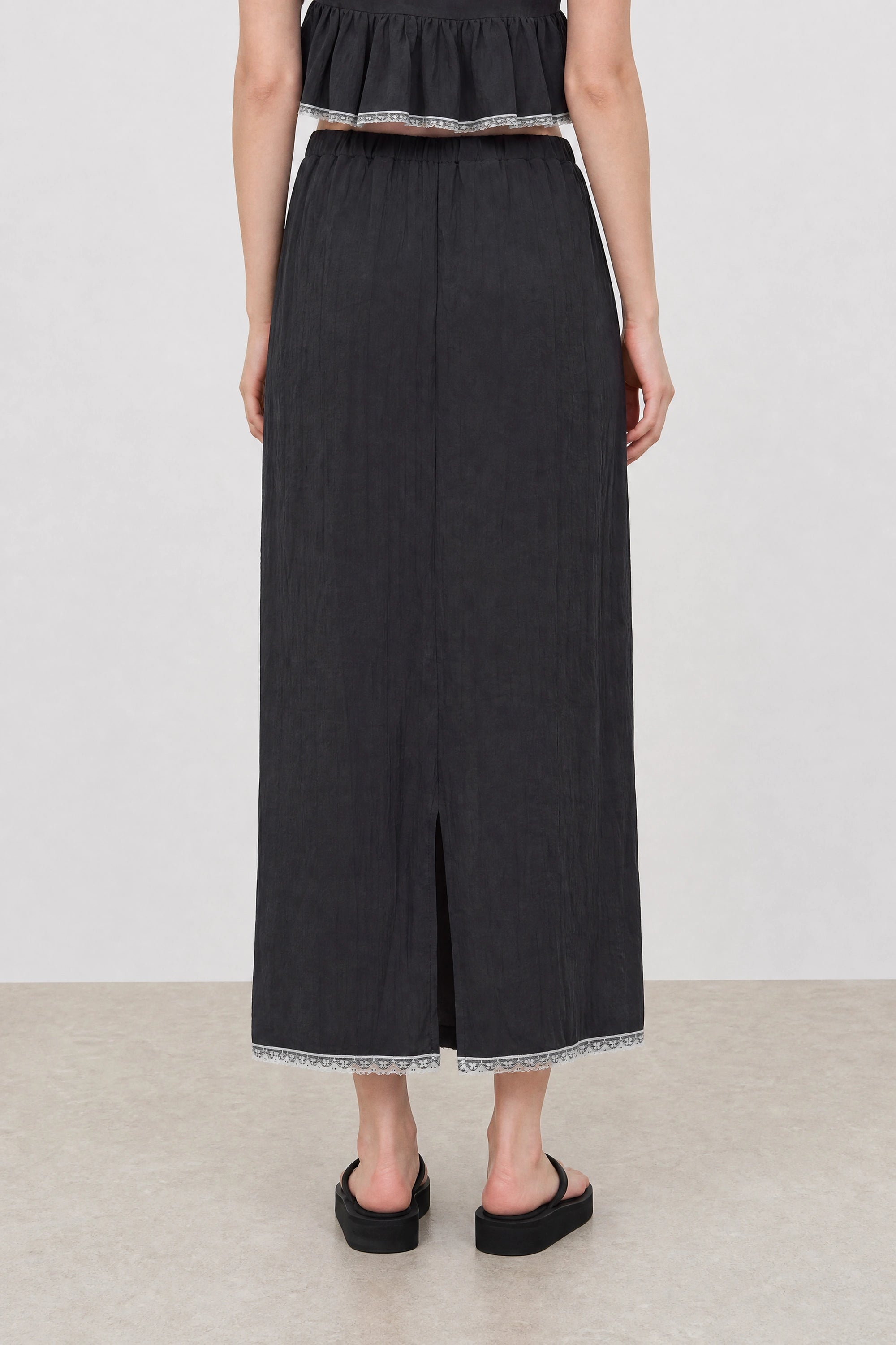 Black and white lace trimmed silky column skirt_2