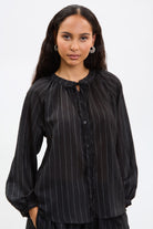 Black and white pinstripe tie neck blouse_1