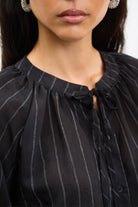 Black and white pinstripe tie neck blouse_3