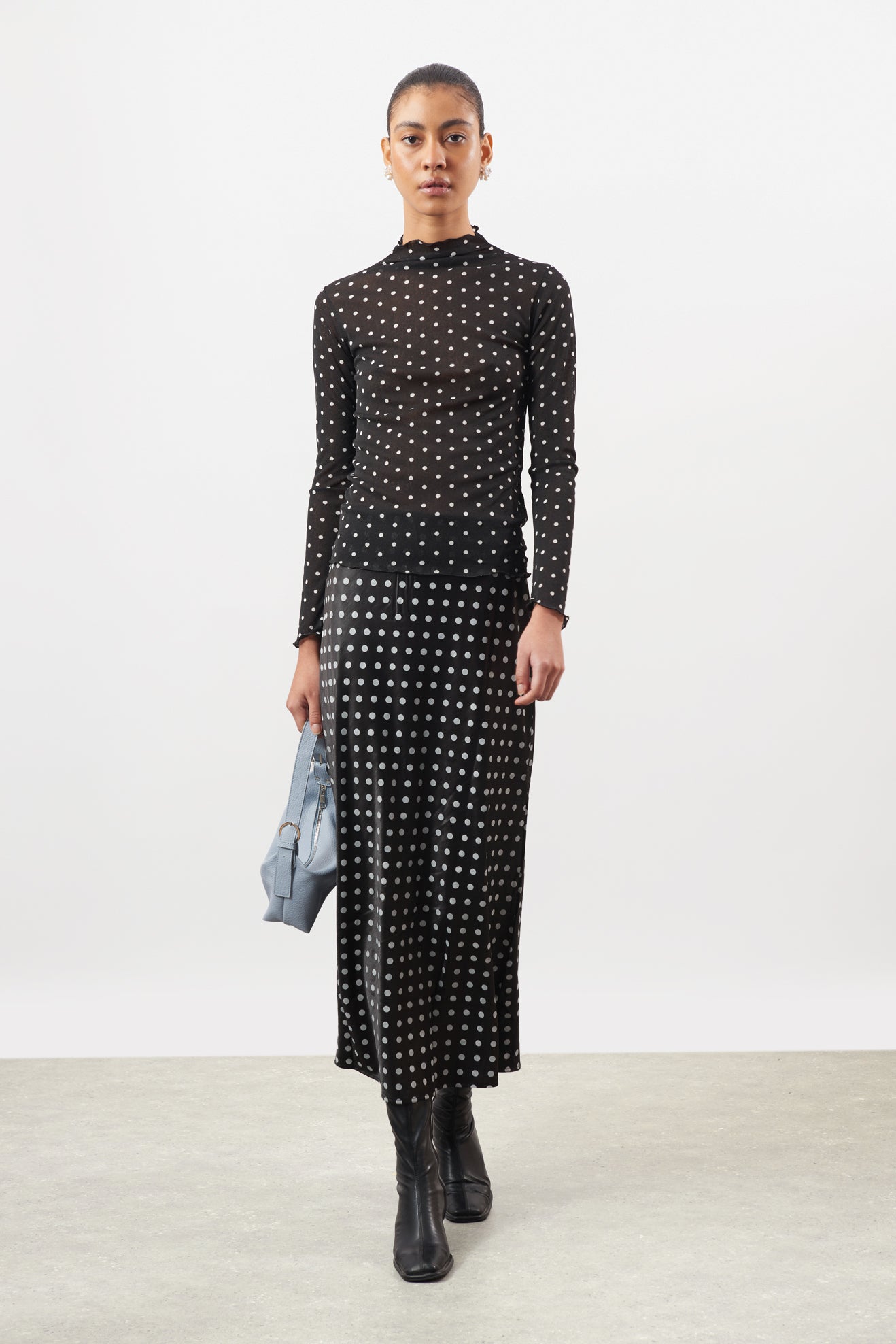 Black and white large polka dot mock neck top_4