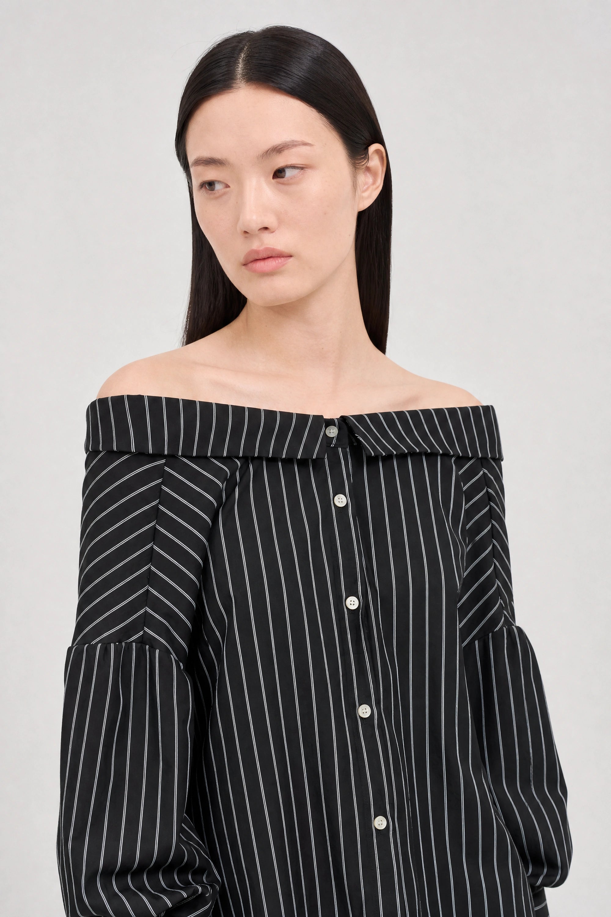Black and white vertical striped draped neck shirt blouse_3