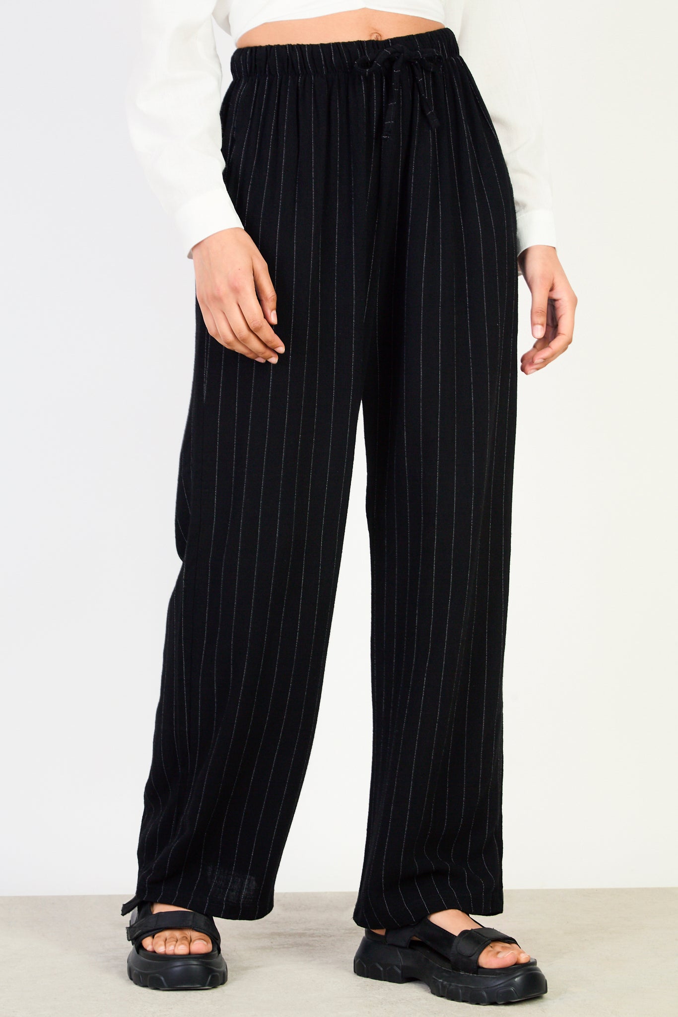 Black and white striped tie waist trousers_1