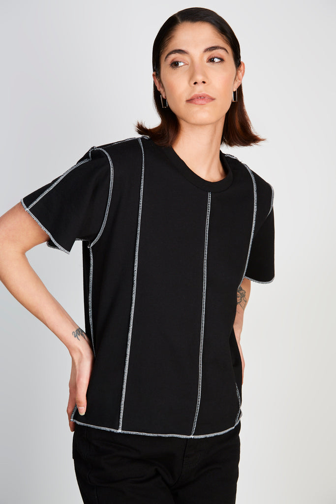 Black and white vertical trim padded shoulder tee_2