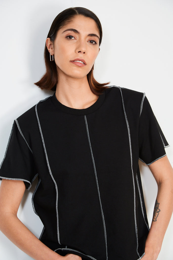 Black and white vertical trim padded shoulder tee_1