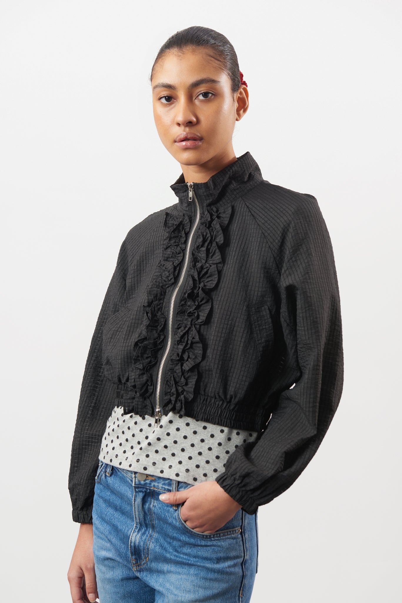 Black box check ruffle trim jacket | Glassworks London