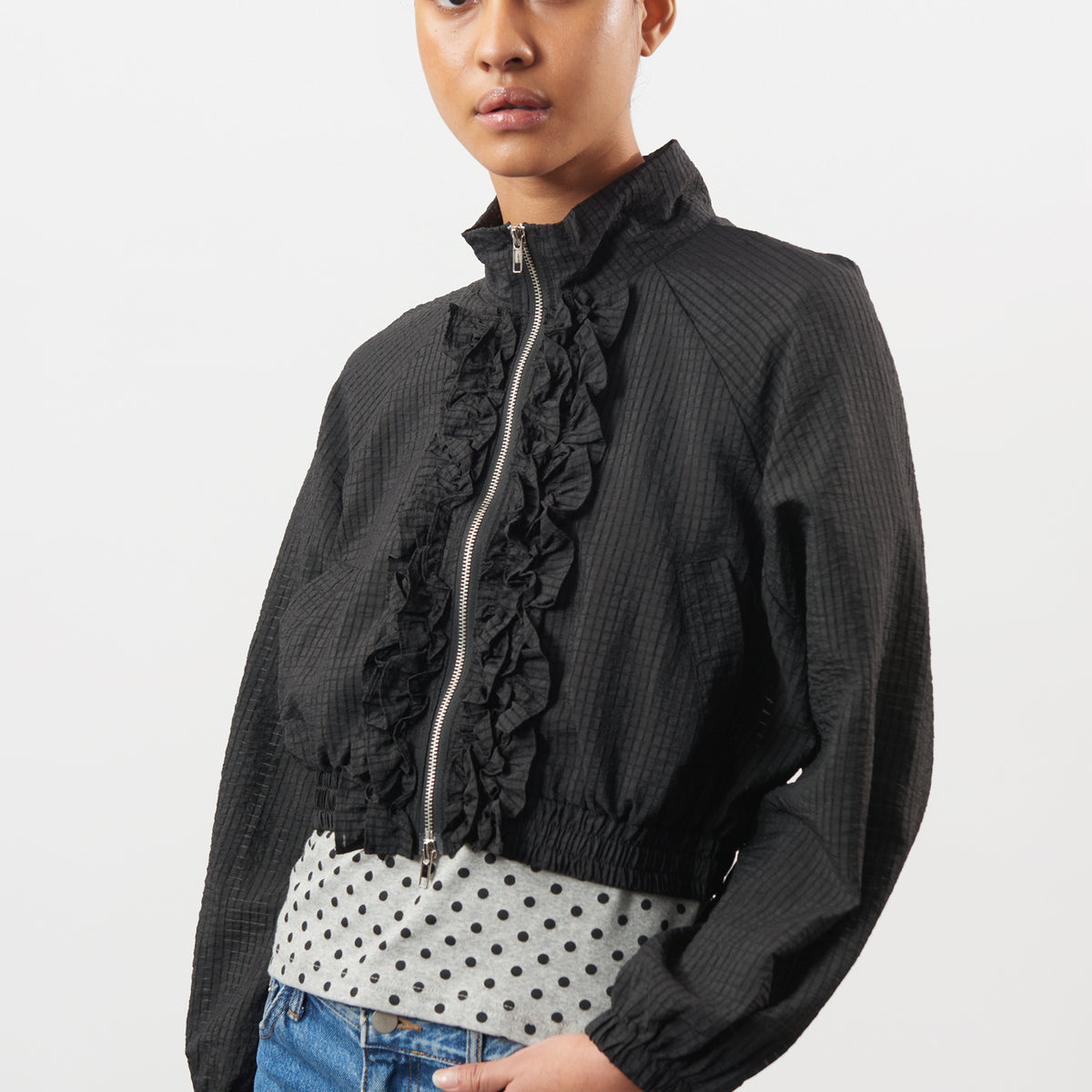 Black box check ruffle trim jacket | Glassworks London