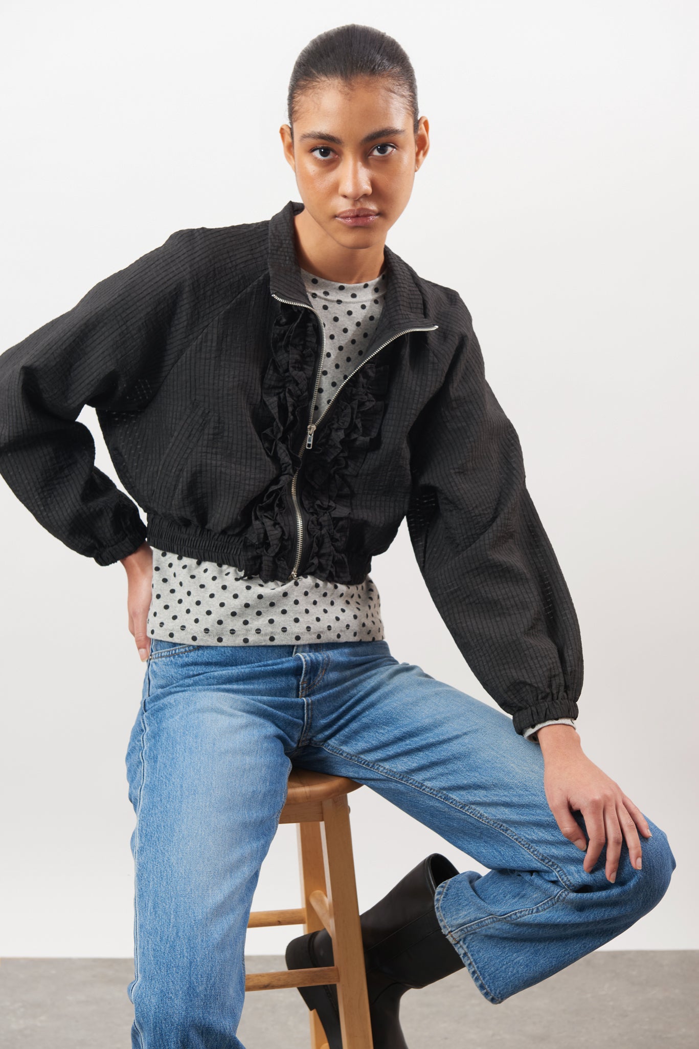 Black box check ruffle trim jacket | Glassworks London