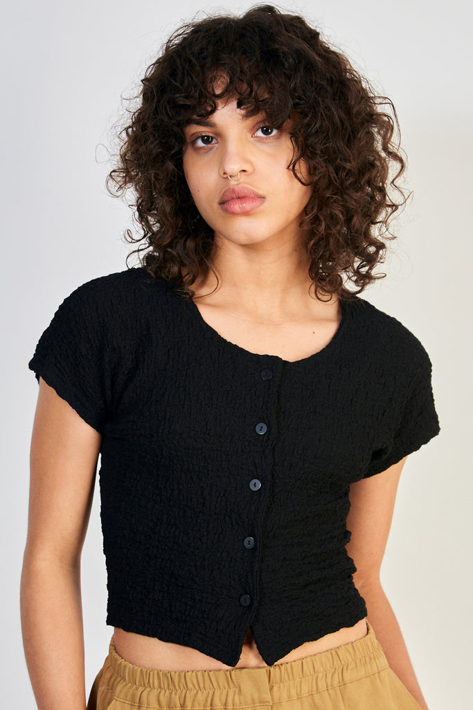 Black button front short sleeved top_1