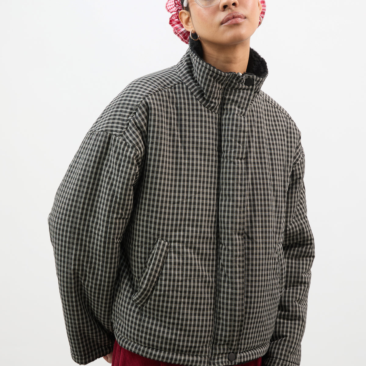 Black checked reversible teddy fleece jacket | Glassworks London