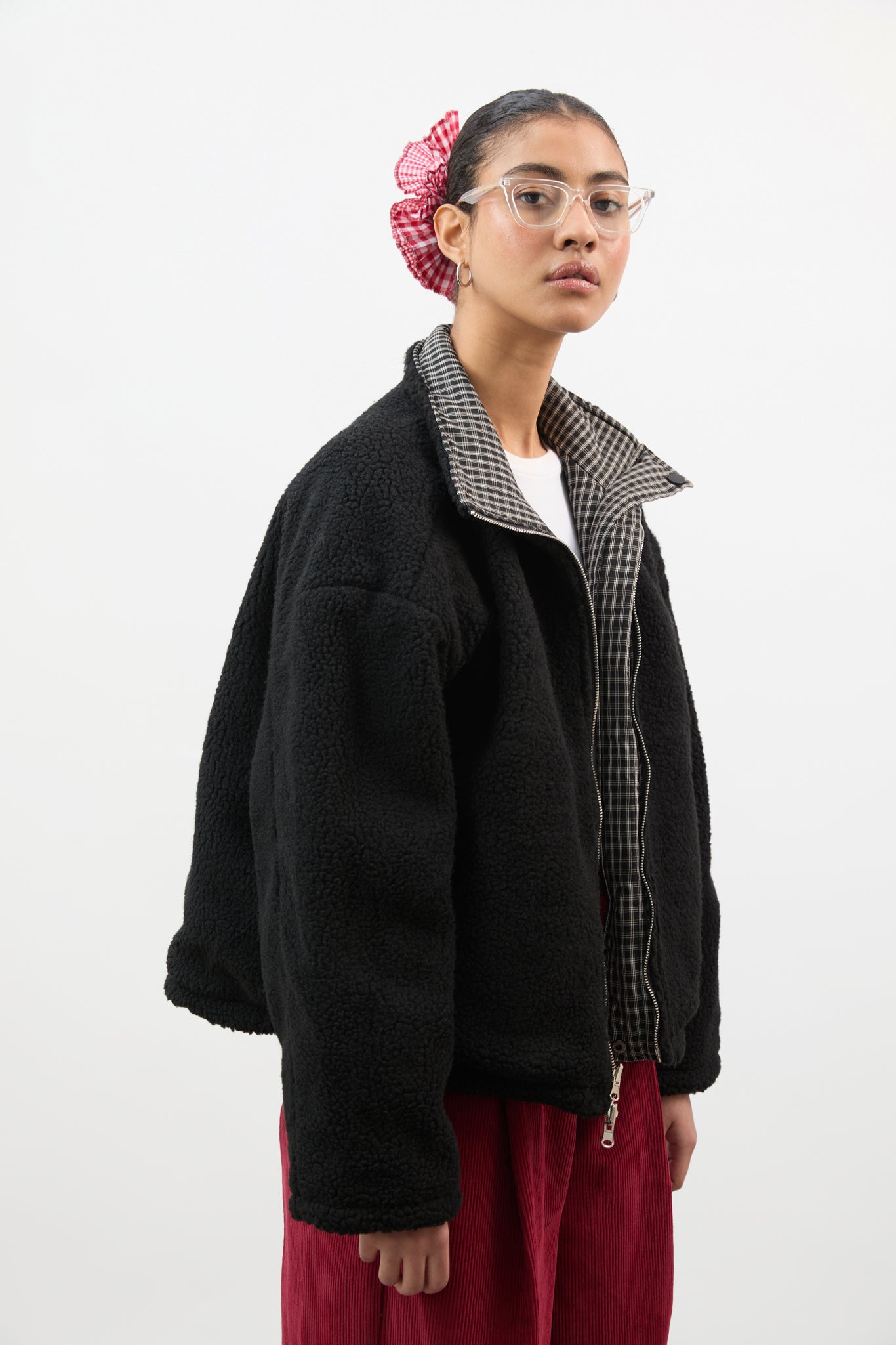 Black checked reversible teddy fleece jacket_5