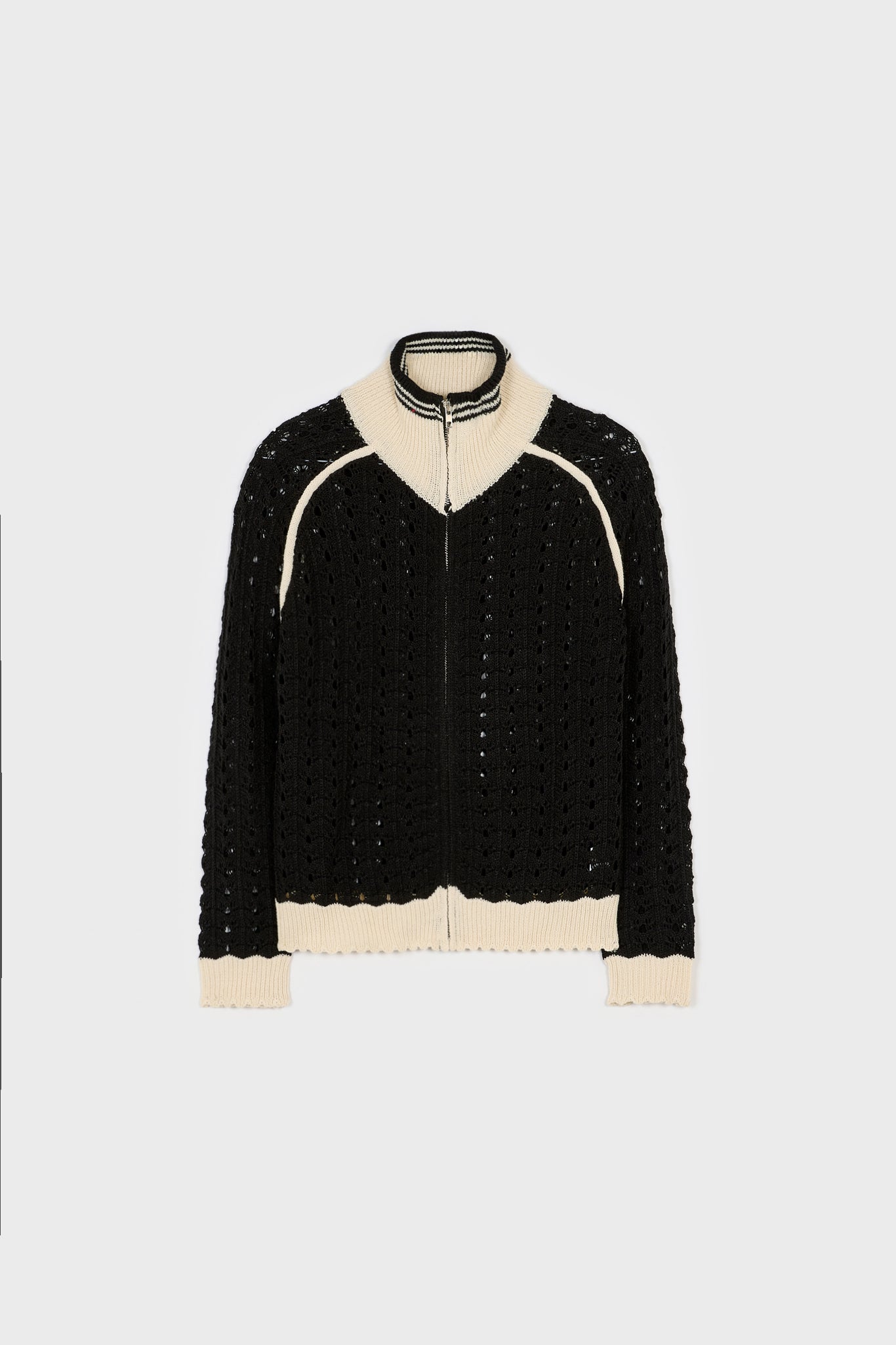Black crochet knit contrast varsity trim zip cardigan_1