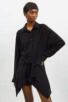 Black draped tie waist shirt dress_3