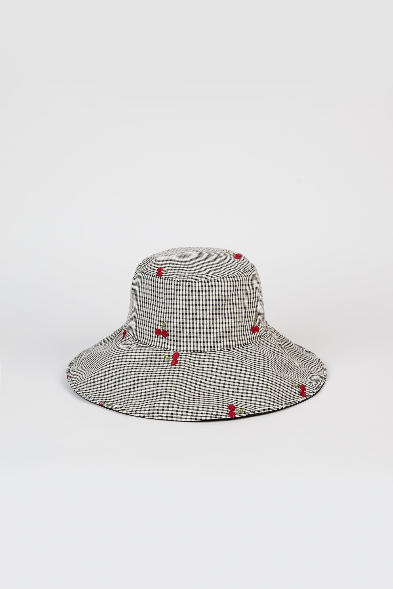 Black gingham embroidered cherry reversible sun hat_1
