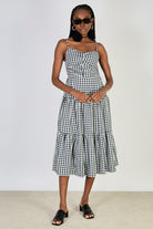 Black gingham ruched bodice tiered dress_1
